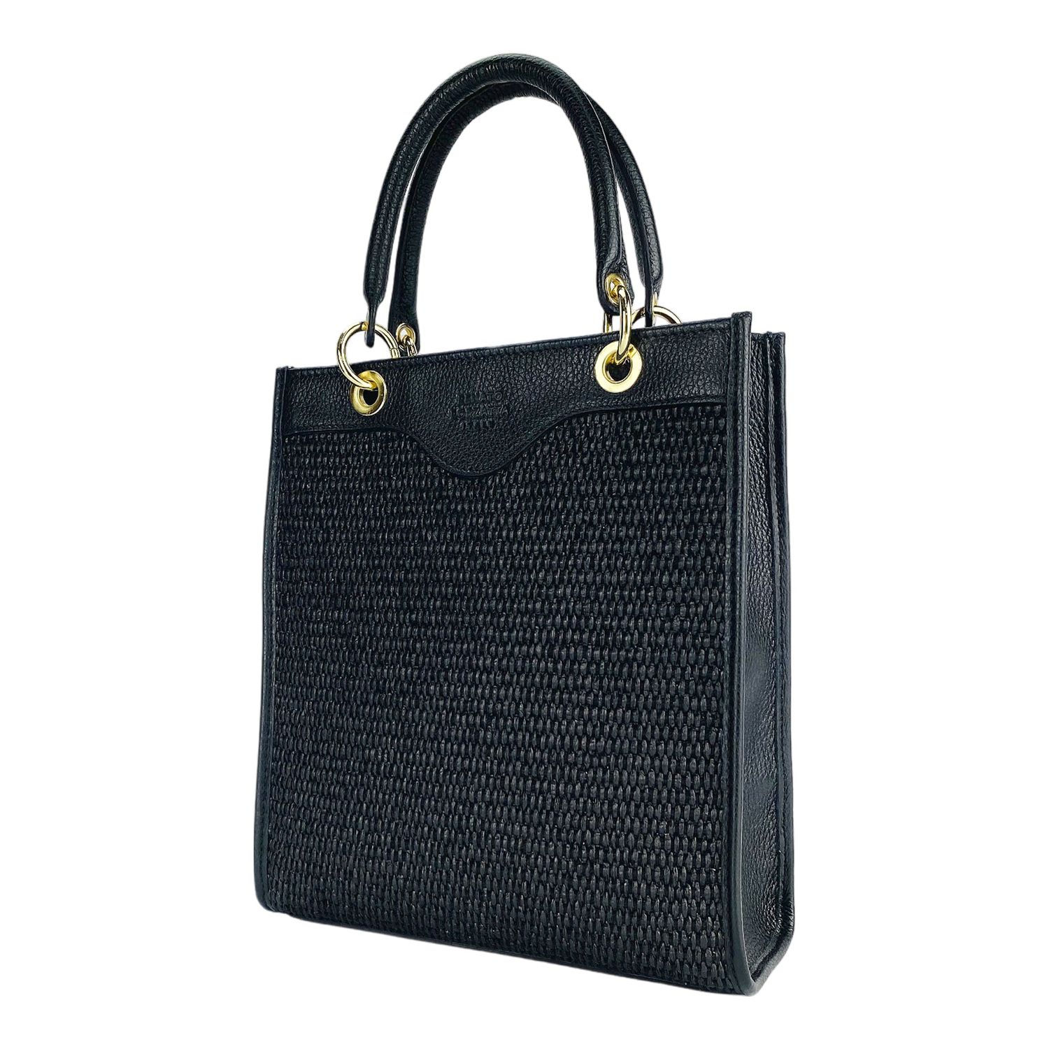 Italian Leather & Straw Handbag — Black