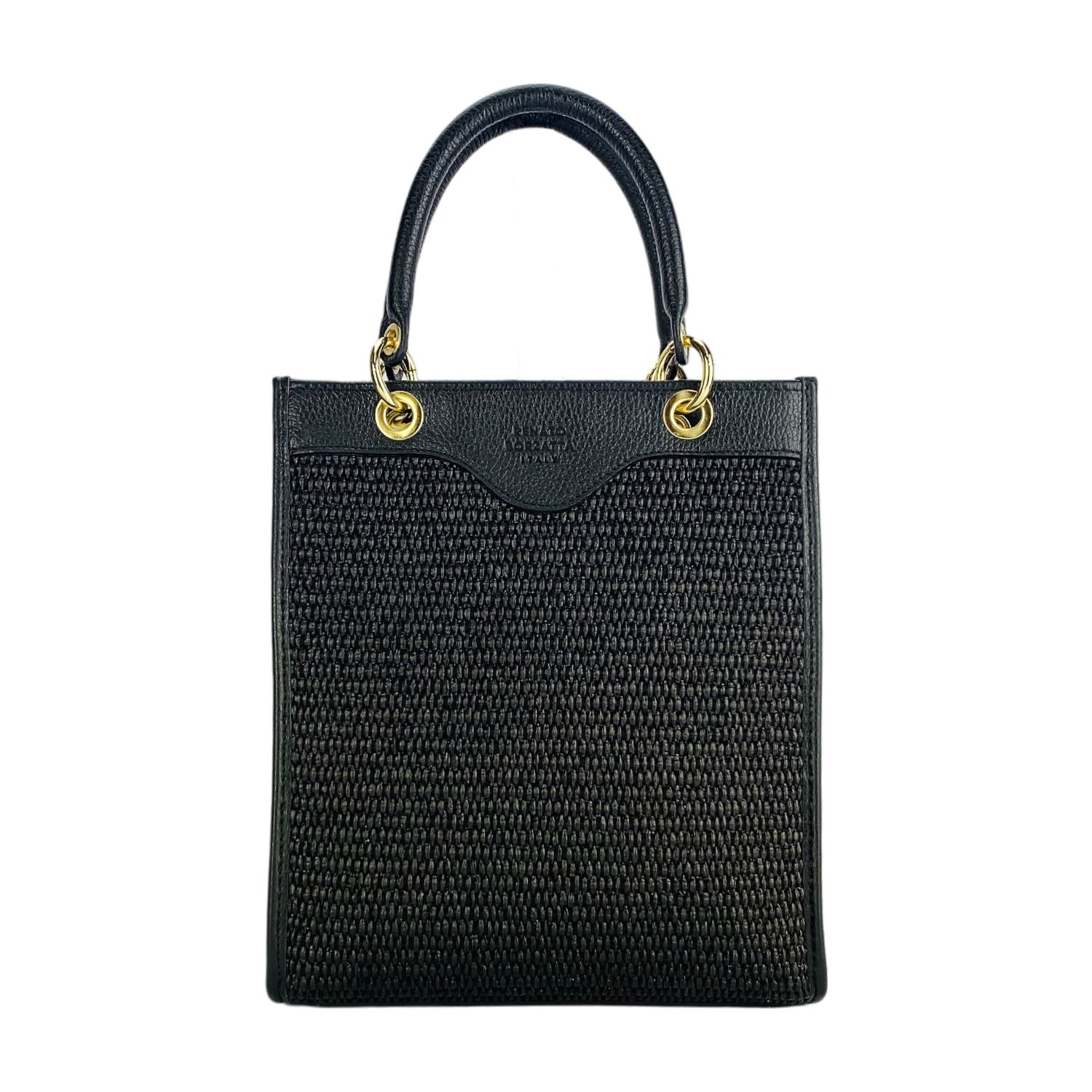 Italian Leather & Straw Handbag — Black
