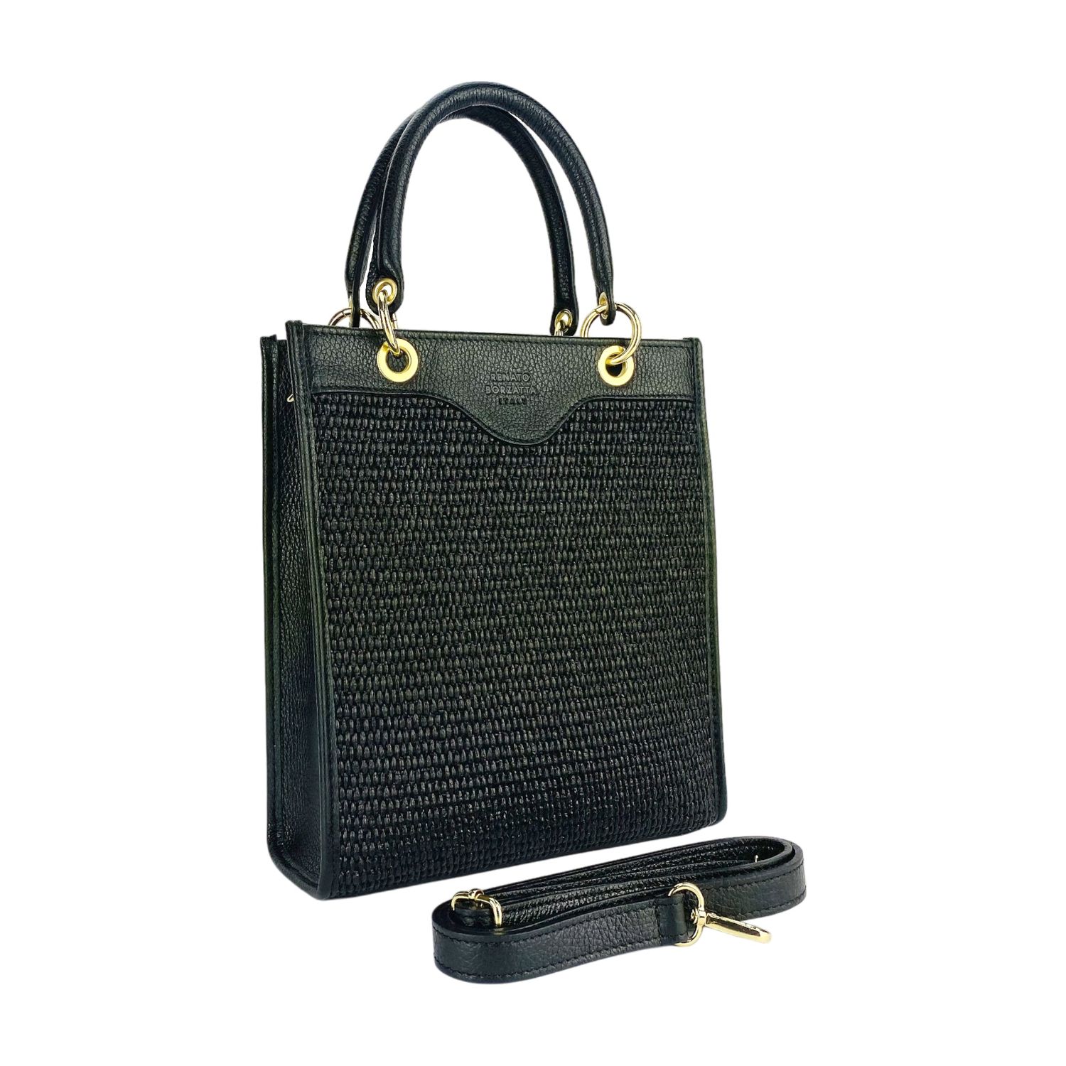 Italian Leather & Straw Handbag — Black