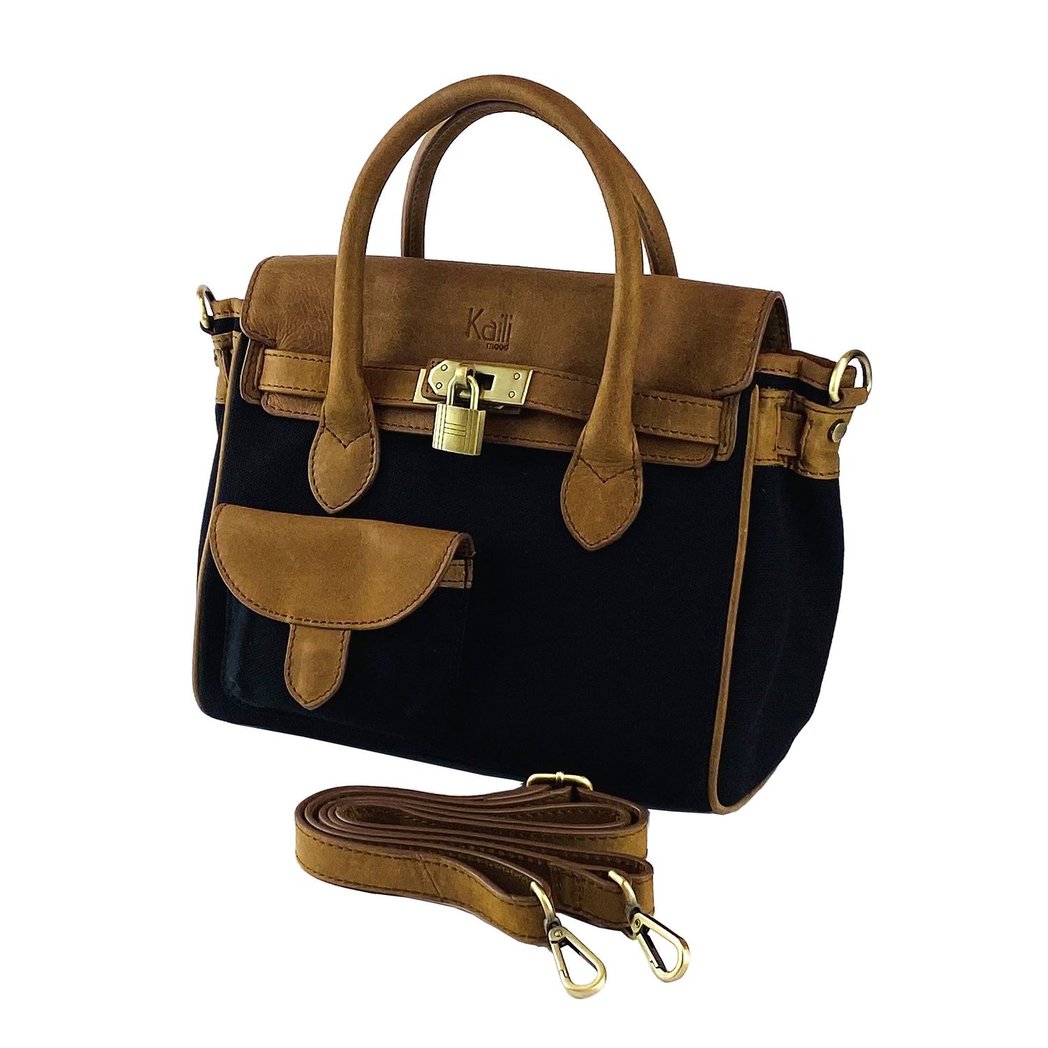Italian Leather & Canvas Mini Handbag — Black