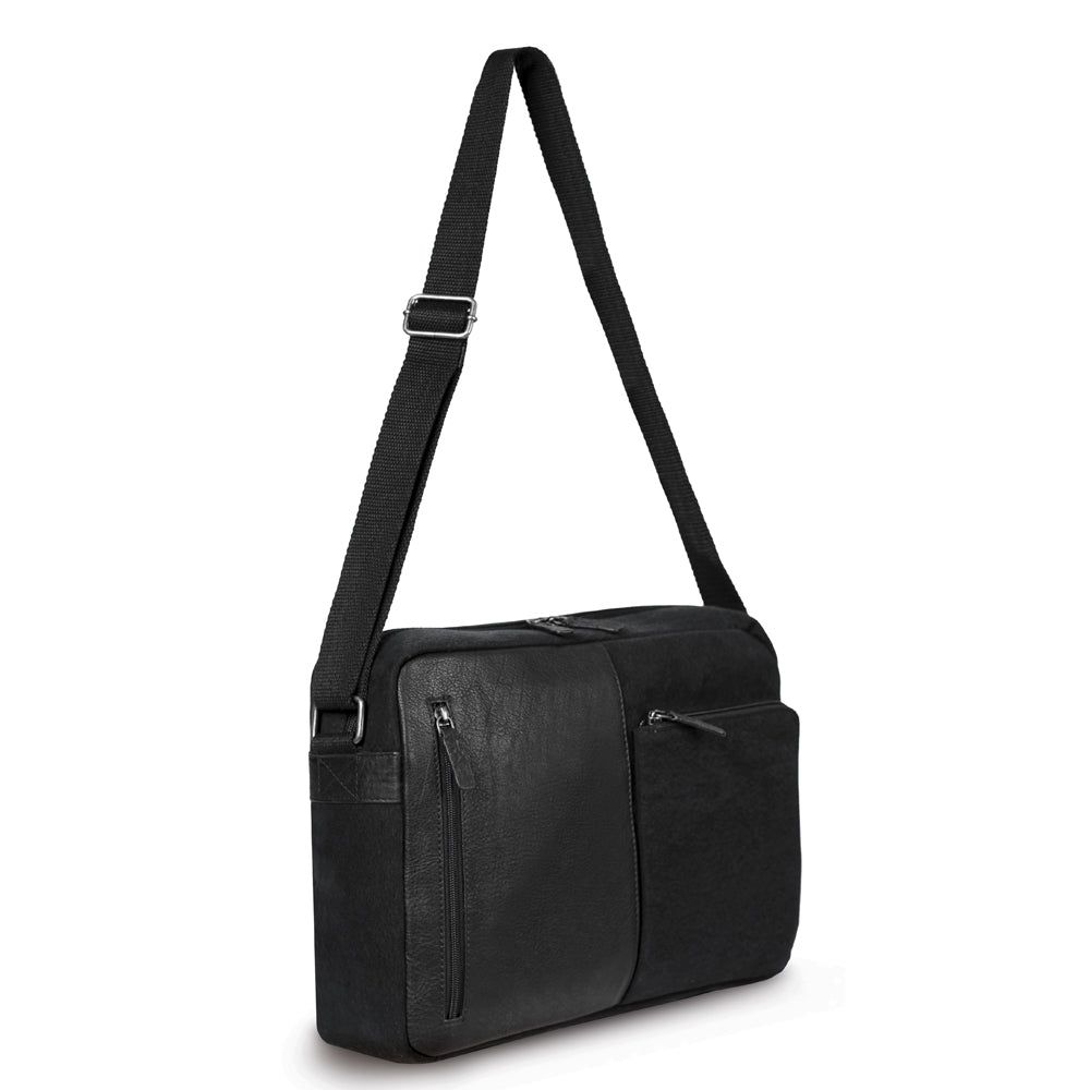 Italian Leather & Canvas Messenger Bag — Black
