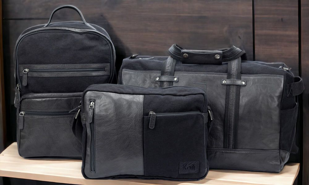 Italian Leather & Canvas Messenger Bag — Black